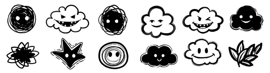 Cartoon Doodle Elements Vector Set Featuring Whimsical Line Art Expressions for Playful Designs, Comic Illustrations, and Creative Graphic Resources on White Background for Kids Education and Modern D