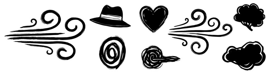 Whimsical Wind Storm Blowing Hat Heart Target and Clouds Design Element in Brushstroke Style for Weather Concept with Hand-Drawn Look for Branding Artwork, Vector Graphics with Retro Flair for Arts an