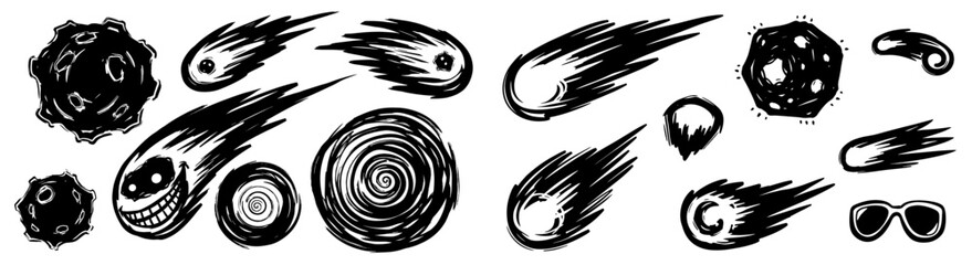 Dynamic Comets and Asteroids hurtling Through Space: Sci-Fi Adventure Elements, Cartoonish Cosmic Threat, Fantasy Game Assets for Digital Design, Astronomy Concept, Meteorites in Motion Graphics, Cele