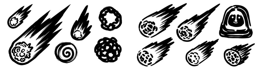 Hand-Drawn Meteorites, Asteroids, and Celestial Objects Streaking Through Space – Cosmic Debris, Science Fiction Elements, Astronomy, Exploration, Fantasy, Cartoon, Sketchy, Ink, Textured, Vector Grap