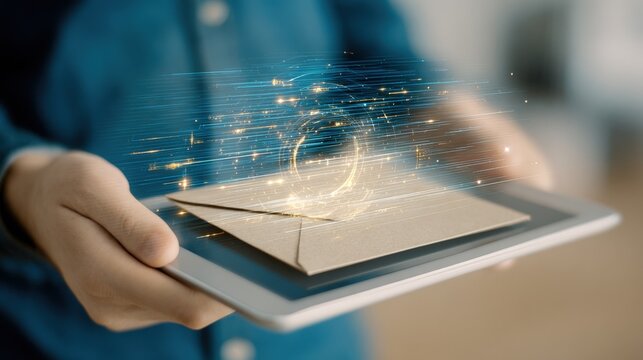 Hands hold an envelope featuring AR triggers with a tablet displaying dynamic 3D elements emerging from the mail highlighting enhanced customer engagement strategies.