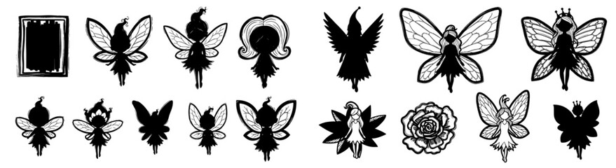Whimsical Fairy Character Silhouettes in a Fantasy Forest Setting, Ideal for Children's Illustration, Storytelling, or Magical Designs Featuring Delicate Wings, Antennas, Crowns, and Intricate Detail,