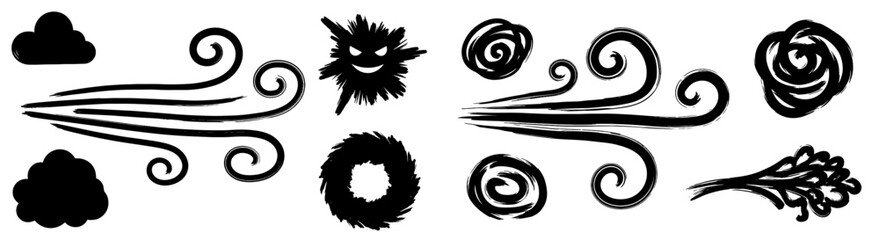 Dynamic Wind Effects Illustrations: Creating a Stormy Ambiance with Swirling Gusts & Air Movement, Ideal for Weather Graphics, Cartoons & Atmospheric Designs. Conveying Power, Nature, Whimsical, Fanta