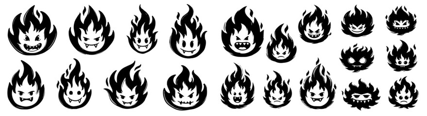 Cartoon Flame Characters Expressing Emotions for Design Projects: Quirky Fire Icons, Angry, Happy, Sad Flames, Vector Illustrations, Black and White Emoticons, Mascot, Sticker, Logo for Gaming, Animat