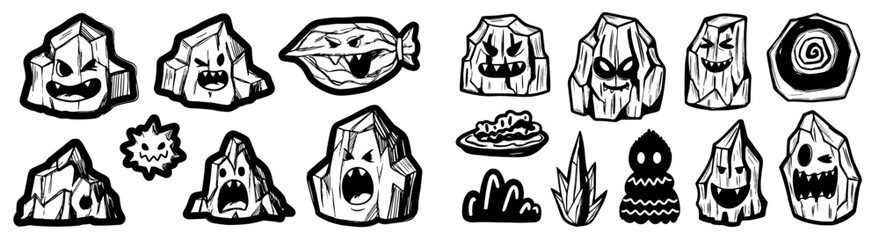 Cartoon Monster Collection in Black and White Isolated on White Background, Perfect for Halloween Designs, Game Assets, Children's Illustrations, Creepy Graphics, Spooky Characters, Cute, Funny, Decor