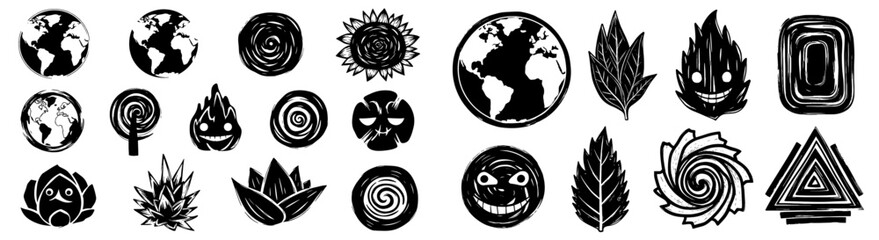 Abstract Black and White Nature Icons Set Illustration for Graphic Design Projects, Eco-Friendly Initiatives, Sustainable Business, Environmental Awareness, Earth Day, Web Design, Print Materials, Edu