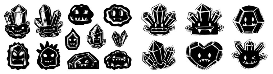 Cute Monster Crystal Characters Isolated on White Background Vector Illustration Set for Game Design, Fantasy Creatures, Cartoon Clipart, Halloween Graphics, Comic Style, Mascot Logo, Sticker Sheet, S