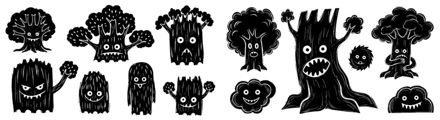 Spooky Forest Creatures Silhouettes: Cartoonish Monsters and Scary Trees in a Dark Woods Setting - Halloween Illustration for Children's Books, Website Graphics, Educational Materials, and Fantasy Art