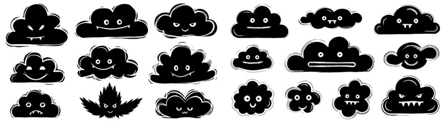 Spooky Halloween Cloud Characters Floating in the Night Sky, Vector Graphics Set with Cute Yet Scary Monster Faces, Whimsical Design Elements for Kids' Party Invitations, Creepy Decoration,  Art Print