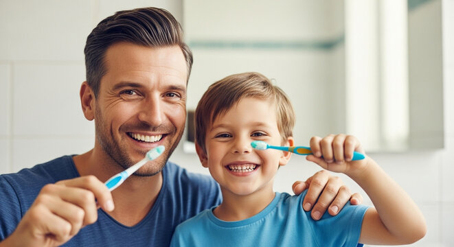 Smiling father and son happily brushing their teeth together in bright bathroom, promoting good oral hygiene and family bonding - Powered by Adobe