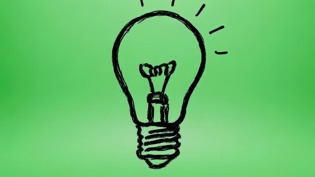 A sketched lightbulb, glowing with yellow rays, against a green gradient background