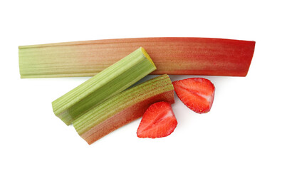 Pieces of rhubarb and strawberry isolated on white, top view © New Africa