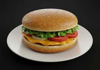 A delicious cheeseburger with fresh lettuce, ripe tomatoes, and melted cheese on a sesame seed bun, presented on a white plate.