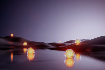3D glowing orbs floating over dark reflective landscape