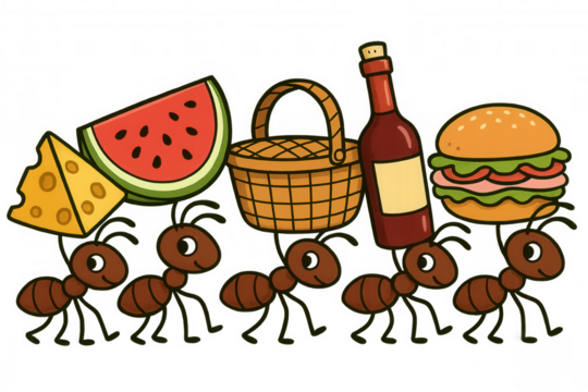 Ants marching in line, carrying picnic food items like watermelon, cheese, basket, drink bottle, and burger - Powered by Adobe
