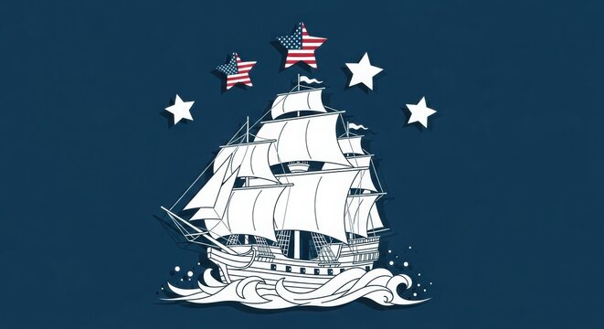 Illustration of white ship with american flag stars on blue background for columbus day - Powered by Adobe