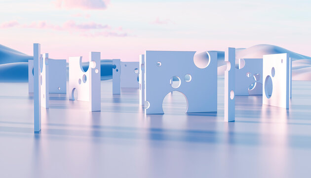 3D abstract geometric blocks with circular cutouts in soft light