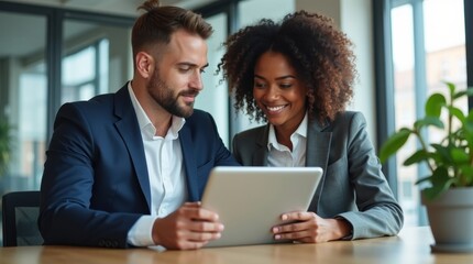 Two business professionals collaborating on a tablet device in a modern office setting