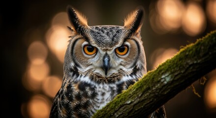 Fototapeta premium Close Up Portrait of a Fierce Great Horned Owl Perched on a Mossy Branch