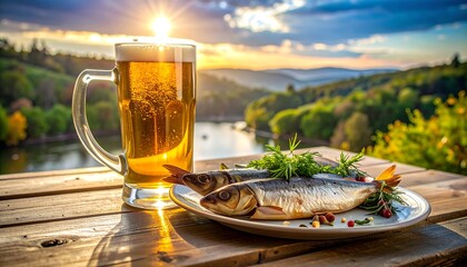 Golden beer and smoked fish at sunset over lake