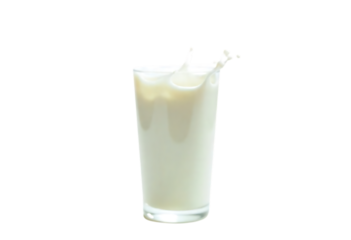 Glass of white milk with a splash on top, isolated on white background. Fresh dairy beverage concept.