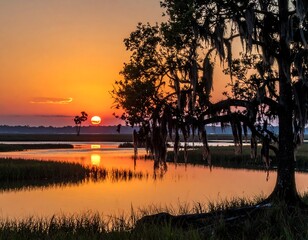 River marsh at sunset, with silhouetted tree