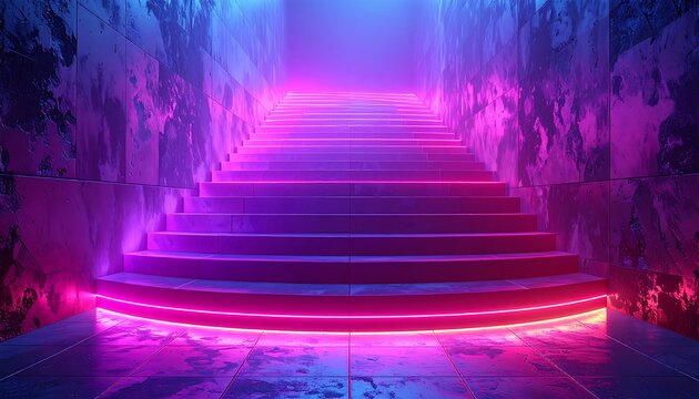 Neon lit stairs in an abstract concrete tunnel