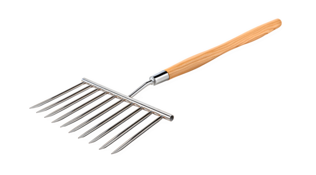 Professional stainless steel rake with wooden handle for gardening and lawn care, perfect for maintaining a tidy outdoor space, isolated