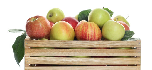 Fresh apples in wooden crate and green leaves isolated on white