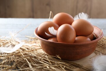 Raw chicken eggs in bowl, feathers and straw on table, closeup. Space for text