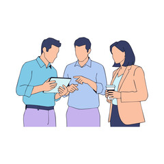 Fototapeta premium Three business professionals are collaborating, looking at a tablet, and discussing work, one holding a coffee cup.