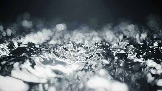 Abstract grayscale image shows a rippled metallic surface with blurry white orbs