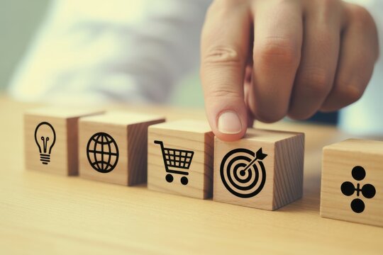 Business Goal: A hand strategically positions a block representing a goal amidst a row of blocks symbolizing key business concepts, symbolizing a clear path towards achievement. 