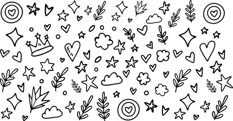 Hand-drawn doodle elements collection stars hearts clouds crown leaves flowers abstract shapes simple design