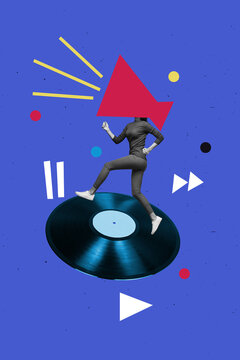 Banner pop artwork 3d photo collage of anonym headless girl run retro vinyl disk celebration melody disco weekend chill event