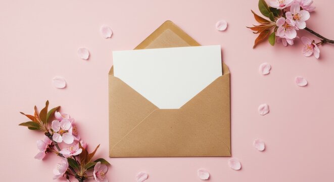 Blank card inside a kraft paper envelope with delicate pink blossoms and pearls scattered