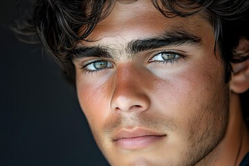 Obraz premium Close up portrait of young Hispanic male model with intense blue eyes and defined features against dark background, dramatic side lighting creates depth.