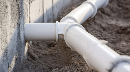 Drainage pipes outside a foundation. White pipes branch into a Y shape, exiting through the wall. Excavation work.