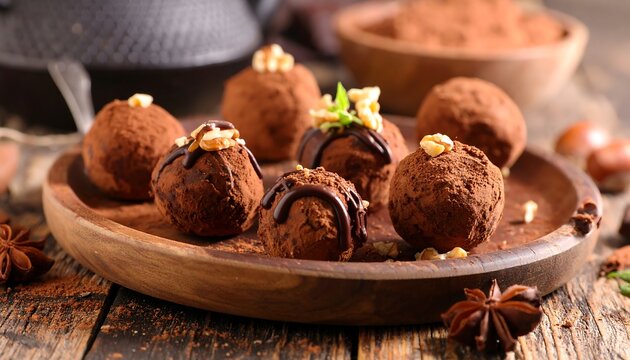 Gourmet chocolate truffles on a wooden plate, dusted with cocoa powder - Powered by Adobe