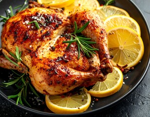 Roasted chicken with lemon slices and rosemary