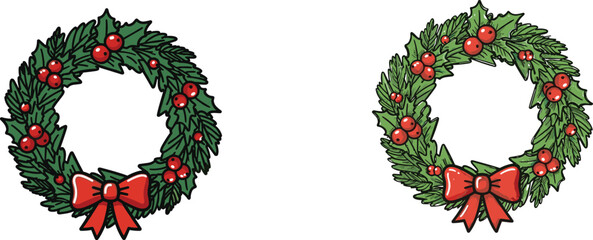 Christmas wreath flat vector with red bow, holiday decoration, festive greenery, winter ornament, traditional design, seasonal celebration, isolated clipart