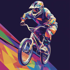 Geometric WPAP-style illustration of a cyclist performing a trick