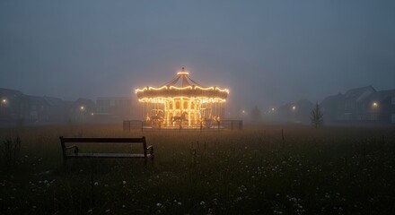 Obraz premium Illuminated Carousel in the Foggy Evening Meadow