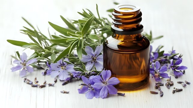 Small amber glass bottle with essential oil surrounded by fresh purple periwinkle flowers and green leaves on white wooden surface, aromatherapy concept.