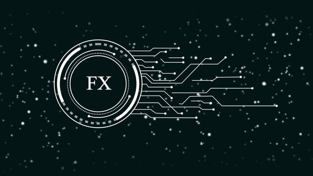 Futuristic F X logo animation with digital circuit lines and particles on dark background for financial technology and trading concepts