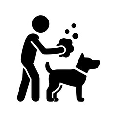 Man washing a dog, grooming pet care, stick figures stickman, isolated icon.