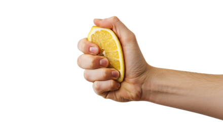 A hand squeezing a half cut lemon isolated on white background , transparent png