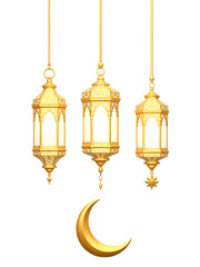 Obraz premium Ornate golden Arabic lanterns and crescent moon hanging, symbolizing Ramadan celebration