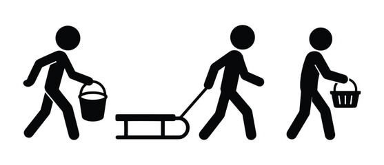 An icon of a man carrying a basket, carrying a bucket, and rolling a sled