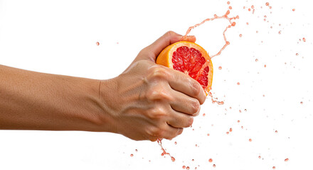 Hand squeezing a grapefruit with juice splashing on white back , transparent png